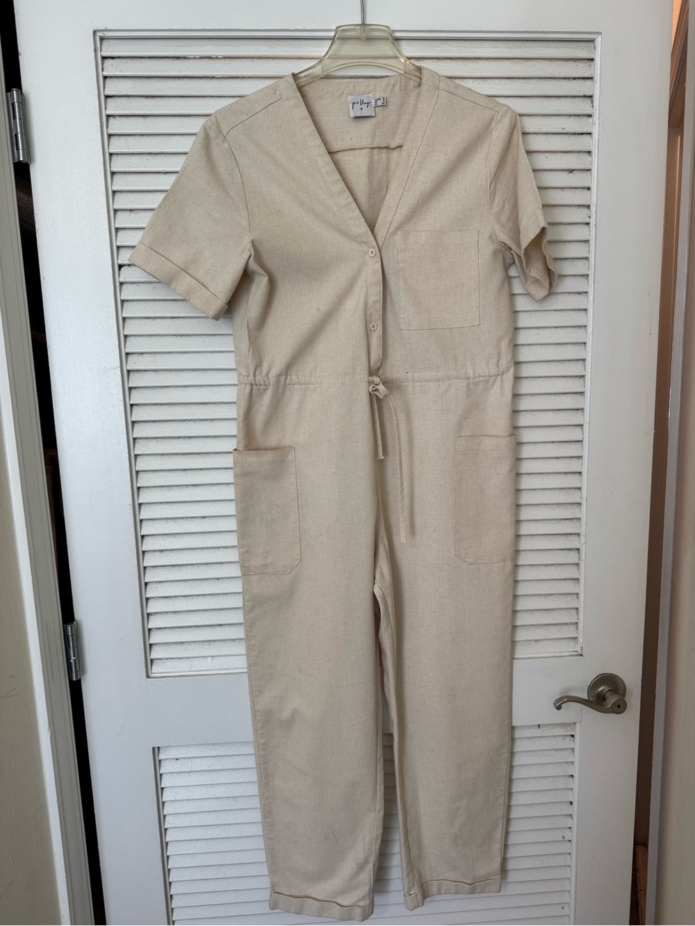 Light Cream Utility Jumpsuit with Drawstring Waist